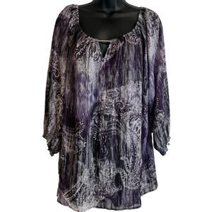 Sara Michelle 3X Purple Paisley Boho Peasant Blouse Sheer Overlay Plus New